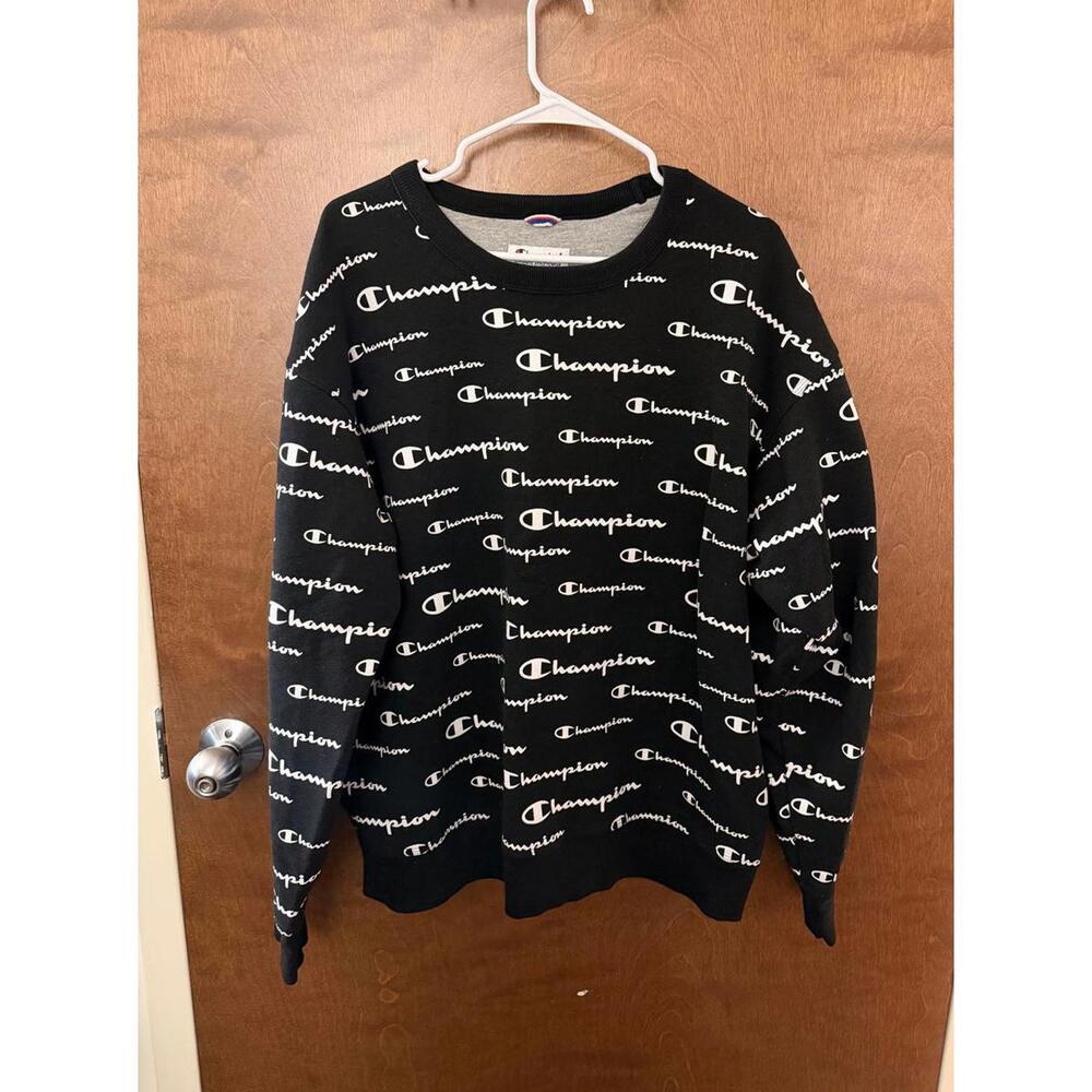 Champion Authentic Athleticwear Black Crewneck Sweatshirt with All-Over Logo